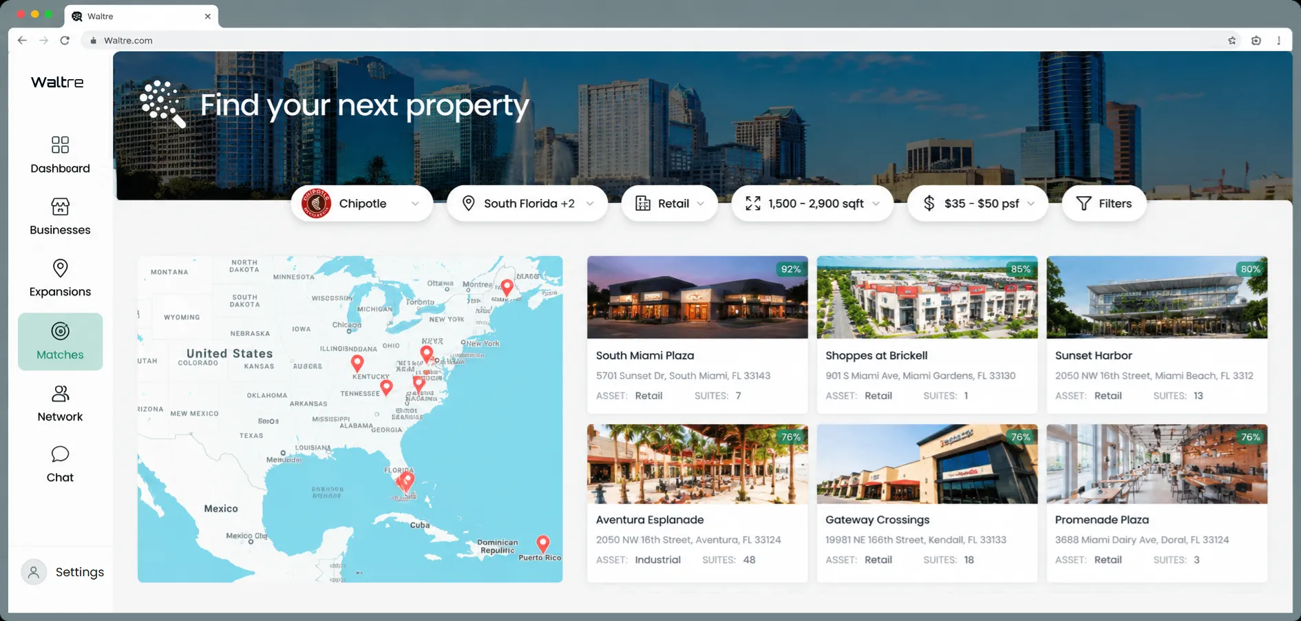 Properties matched to Chipotle across South Florida, on a map and in a grid of results with their match scores