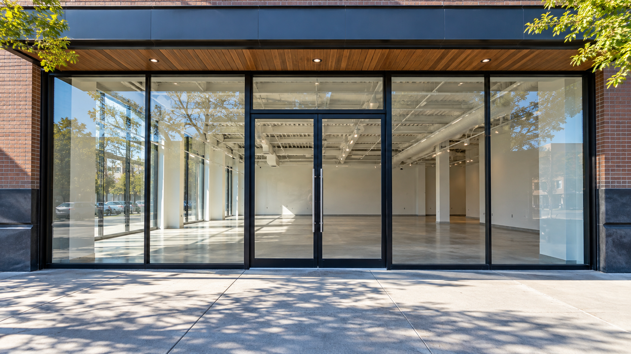 A vacant retail space seen through a glass storefront, with white walls and polished concrete floors.